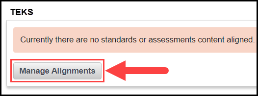 the teks section with an arrow pointing to the manage alignments button