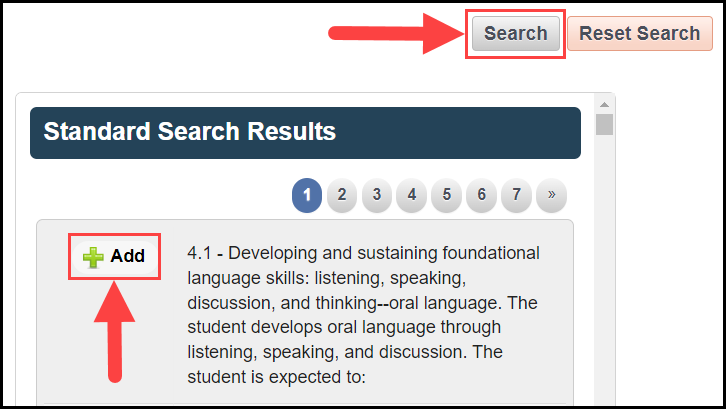the mangage standards window showing the standard search results column with arrows pointing to the add button and search button, respectively 