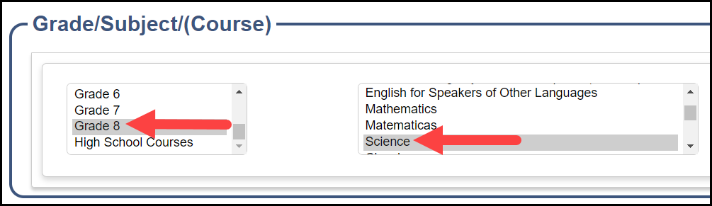 the top of the editing plan page with arrows pointing to the grade 8 option and science subject selections