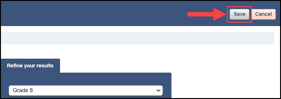 the search performance assessments window with an arrow pointing to the save button