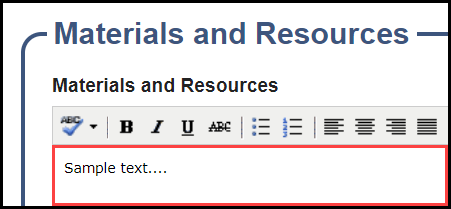 the materials and resources section with an outline around the sample text in the text entry field