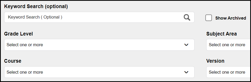 the search filter section of the my plans page