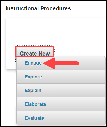 the instructional procedures section of the plan with an outline around the create new button and an arrow pointing to the engage option