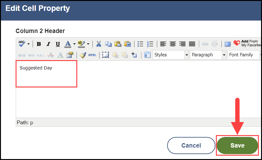 the edit cell property window with an outline around the sample text in the text entry field and an arrow pointing to the save button