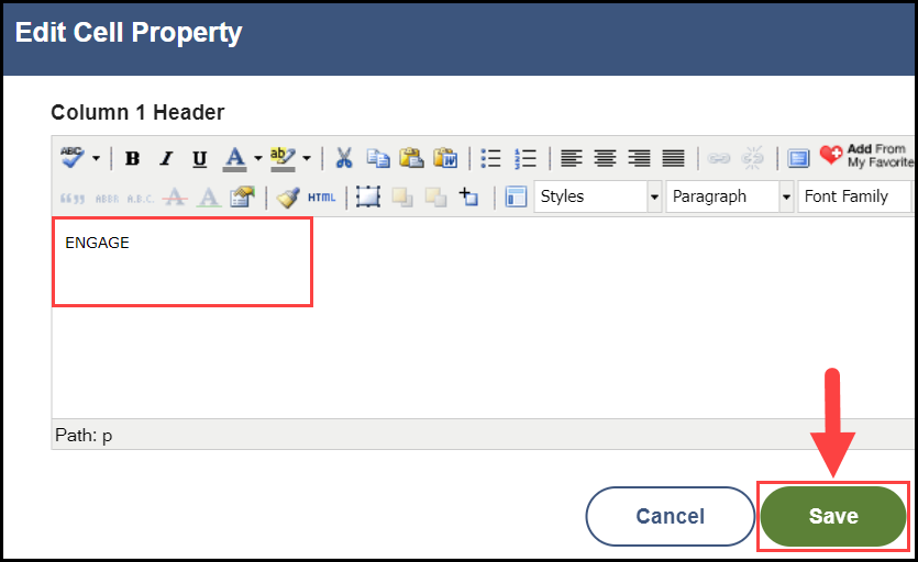 the edit cell property window with an outline around the sample text in the text entry field and an arrow pointing to the save button