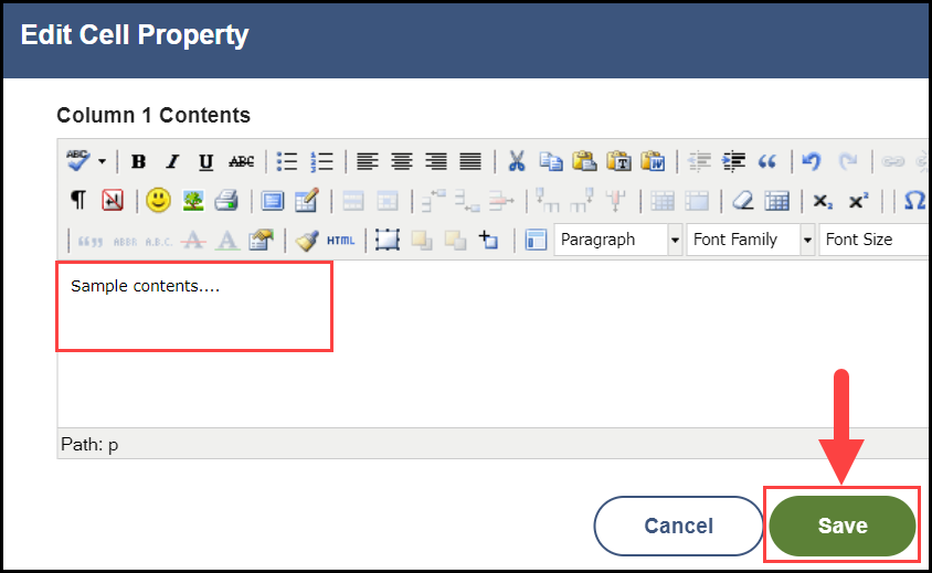 the edit cell property window with an outline around the sample text in the text entry field and an arrow pointing to the save button