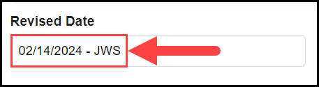 the bottom of the plan editing page showing the revised date field with an arrow pointing to a sample date and user initials in the text entry field