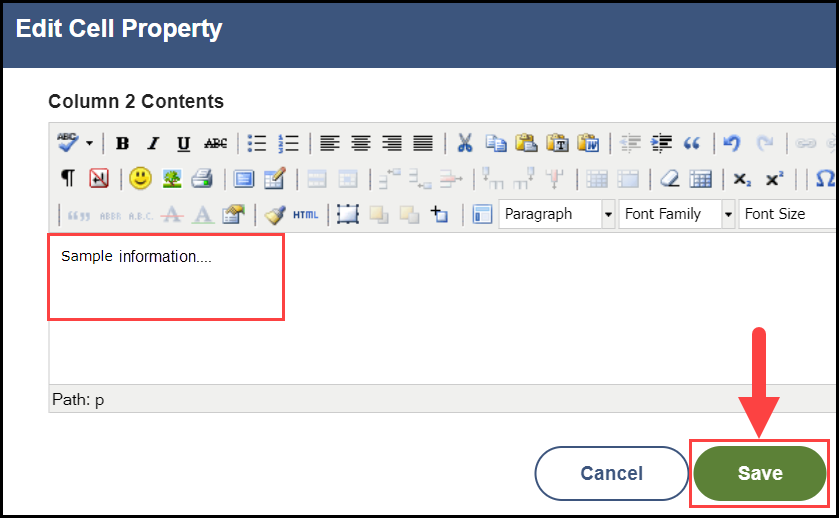 the edit cell property window with an outline around the sample text in the text entry field and an arrow pointing to the save button