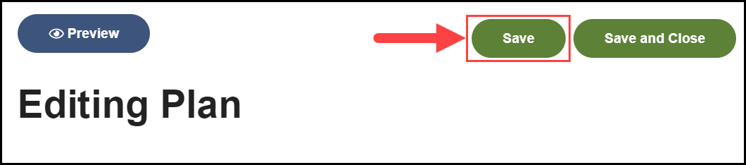 the top of the editing plan page with an arrow pointing to the save button