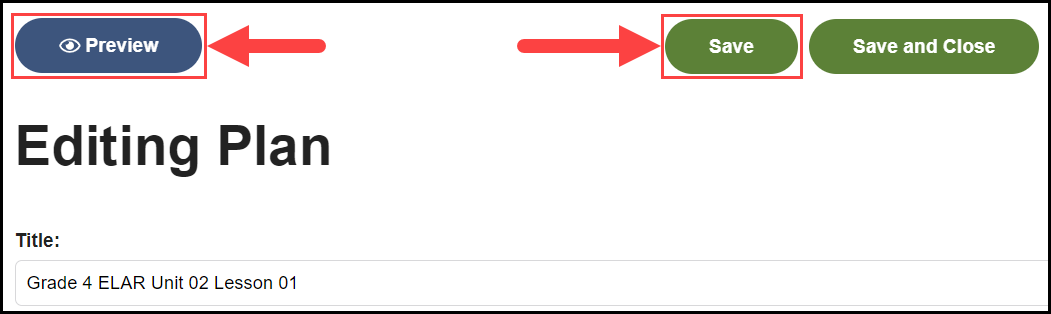 the top of the editing plan page with arrows pointing to the preview button and save button, respectively
