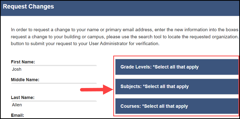 request changes modal with an outline around the grade levels, subjects, and courses drop down bars