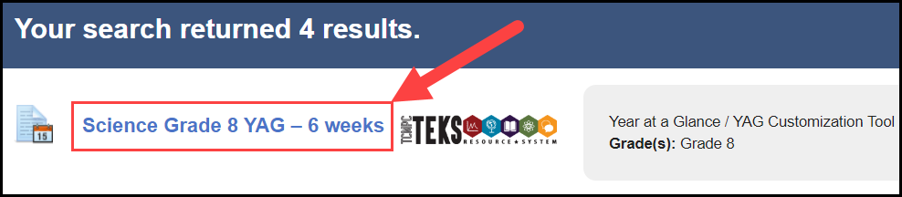 the search results list showing a sample component with an arrow pointing to the hyperlinked sample year at a glance title