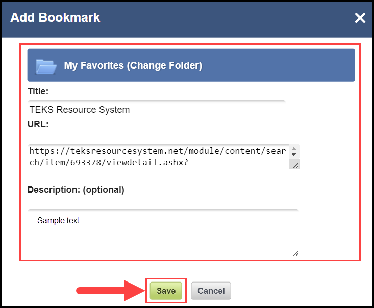 the add bookmark window with an outline around the change folder option, title field, and description field with an arrow pointing to the save button at the bottom