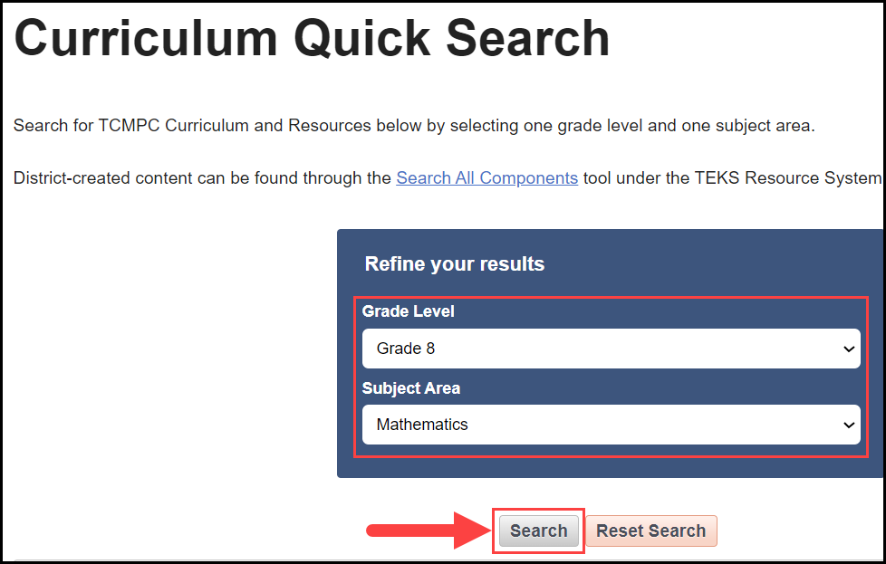 curriculum quick search page with an outline around the grade and subject search filter drop down menus and an arrow pointing to the search button