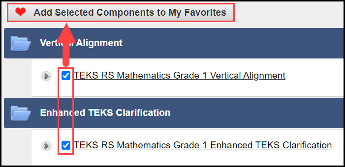 the search results list showing checked boxes associated with the sample vertical alignment and year at a glance documents and an arrow pointing to the add selected components to my favorites button at the top