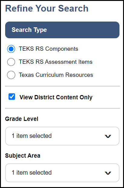 the refine your search section of the search all components page with the search type, grade, and subject filters shown