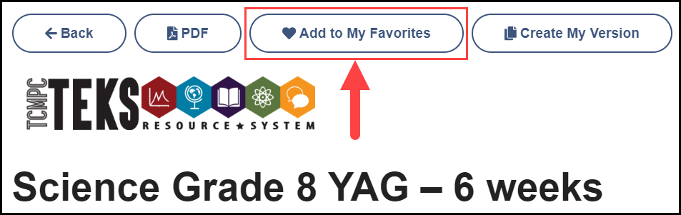 the top of a sample year at a glance document with an arrow pointing to the add to my favorites button in the button menu