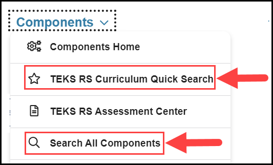website's main navigation menu with the components drop down opened and arrows pointing to the curriculum quick search and search all components options, respectively