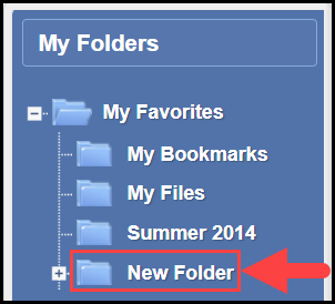 the my folders section of the my favorites page with an arrow pointing to the newly created folder called new folder