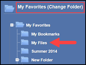 the opened My Favorites folder with a subset of folders and an arrow pointing to a sample folder titled my files