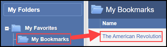 the my folders section with an outline around the my bookmarks folder and an arrow pointing to a sample hyperlinked bookmark