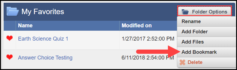 the My Favorites list with an outline around the folder options button and an arrow pointing to the add bookmark option