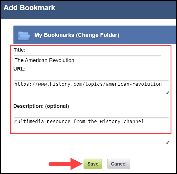 the add bookmark window with an outline around the text entry fields including title, u r l, and description with an arrow pointing to the save button