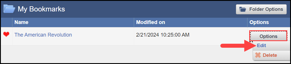 the my bookmarks list with an outline around the options button associated with a sample bookmark and an arrow pointing to the edit option