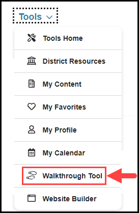 website's main navigation menu with the tools drop down opened and an arrow pointing to the walkthrough tool option
