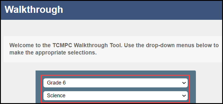 walkthrough tool selection page showing a sample grade and subject selection