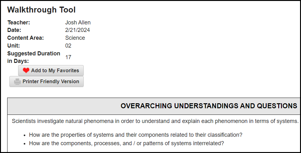 a sample walkthrough tool showing the overarching understandings and questions section from the related instructional focus document