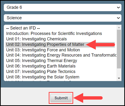 walkthrough tool selection page showing a sample instructional focus document selection with an arrow pointing to the submit button