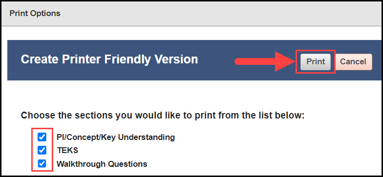 the print options window with an outline around the selectable check boxes for each section and an arrow pointing to the print button