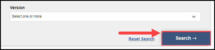 the search filter section of the my assessments page with an arrow pointing to the search button