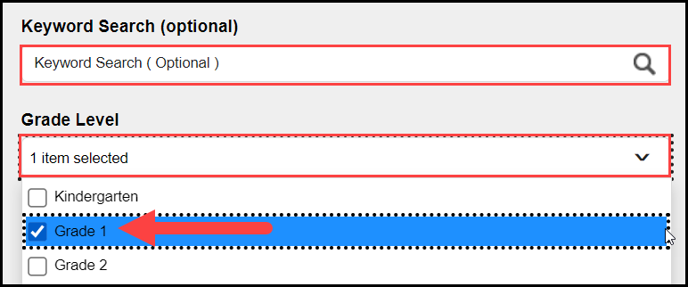 the search filter section of the my assessments page with outlines around the keyword filter and grade level filter, respectively