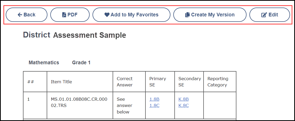 the top of a sample district assessment with an outline around the button menu