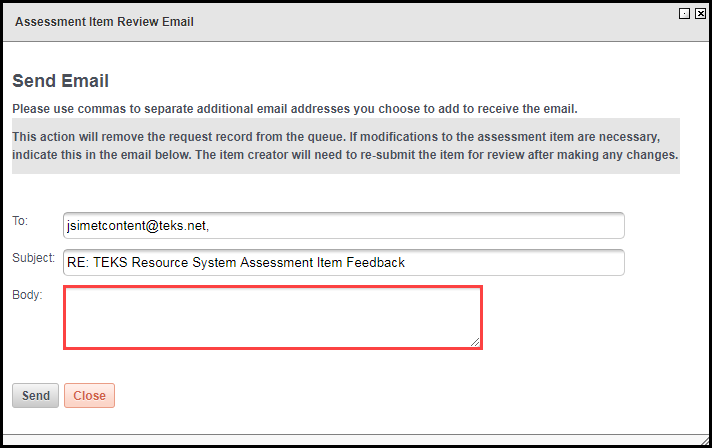 sample email message box with an outline around the body field where an admin would type a message