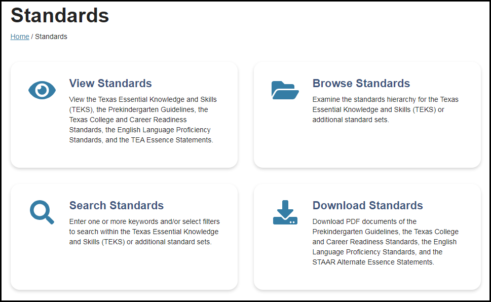 standards home landing page showing the options of view standards, browse standards, search standards, and download standards