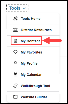 opened tools navigation drop down with arrow pointing to my content option