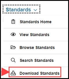 opened standards navigation drop down with arrow pointing to download standards option