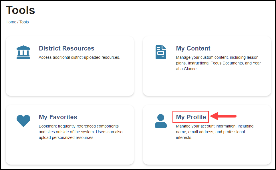 tools navigation landing page with arrow pointing to my profile option