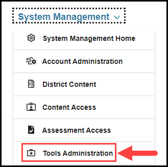 opened system management navigation menu with an arrow pointing to the tools administration option