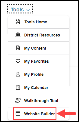 opened tools navigation menu with an arrow pointing to the website builder option
