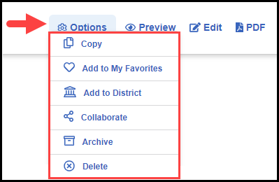 the opened options menu associated with a sample yag that shows the copy, add to my favorites, add to district, collaborate, archive, and delete options
