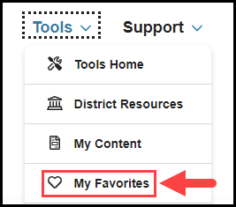 website's main navigation menu with the tools drop down opened and an arrow pointing to the my favorites option