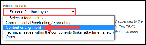 the feedback type drop down menu with an arrow pointing to the content or alignment option