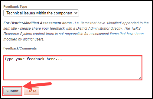 submit feedback modal with feedback / comments text entry box outlined and arrow pointing to submit feedback button