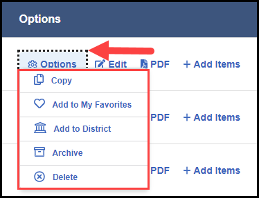 the options column of the assessment results list with an arrow pointing to the options button and an outline around the options displayed in the expanded menu