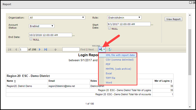 login report modal with arrow pointing to export icon and export options list outlined