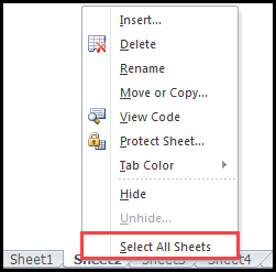 sample report results excel spreadsheet with right click menu opened and select all sheets option outlined